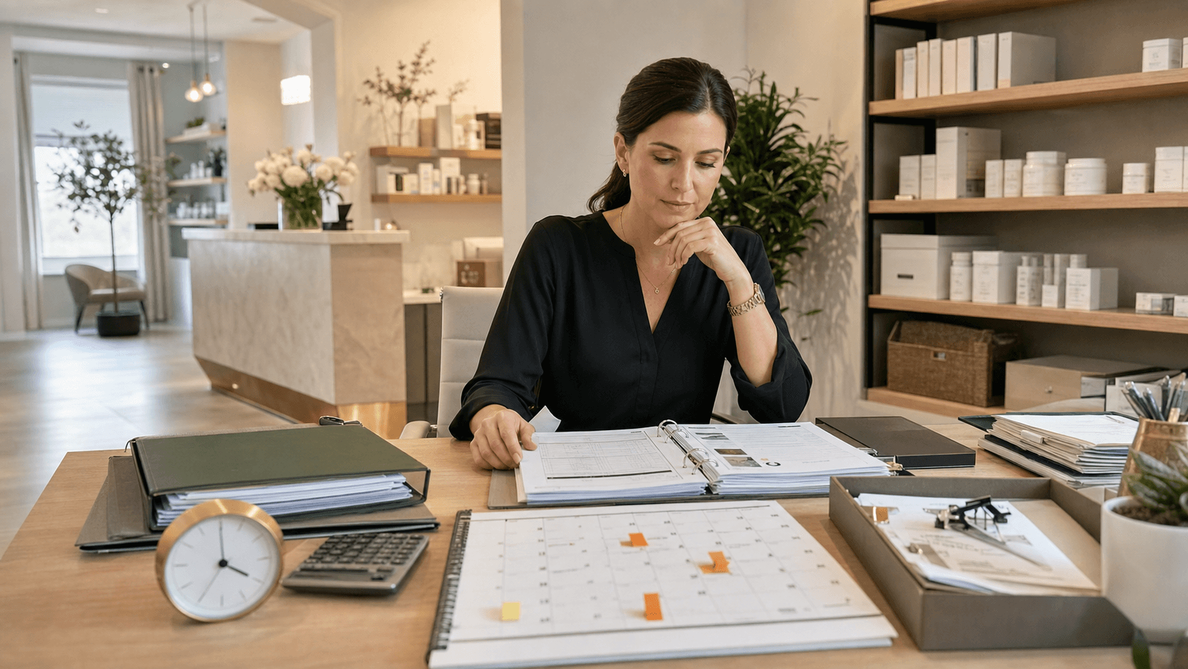 A med spa owner reviewing operational records, schedules, and financial materials at her desk