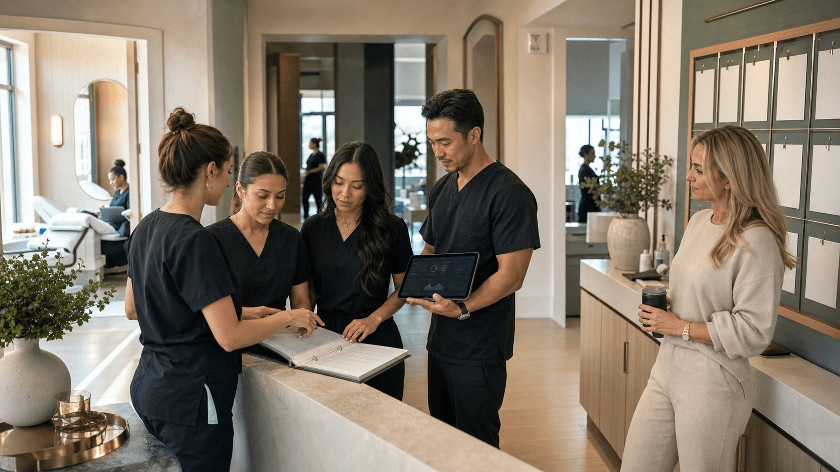 A med spa clinical team working together from shared procedures and an operational dashboard